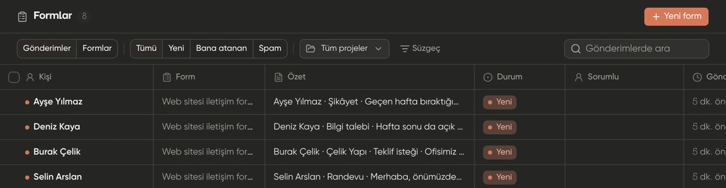 İletişim Formlar gönderim kutusu; kurgusal demo verileri