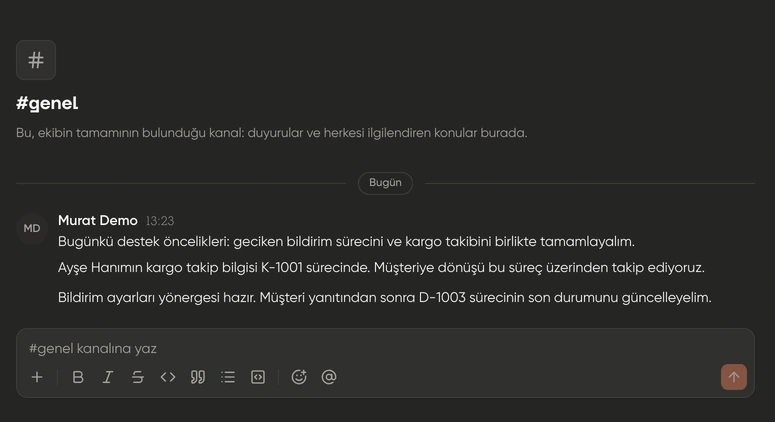 İletişim Mesajlar ekranında ekip konuşması; kurgusal demo verileri