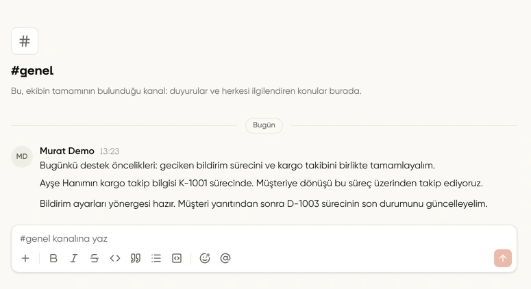 İletişim Mesajlar ekranında ekip konuşması; kurgusal demo verileri