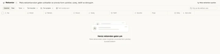 Demo Mağaza Reklamlar ekranında henüz müşteri içermeyen Gelenler listesi ve kampanya süzgeçleri; anında formlar yakında