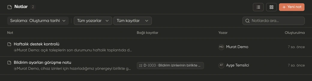 İletişim Notlar ekranında kayda bağlı notlar; kurgusal demo verileri