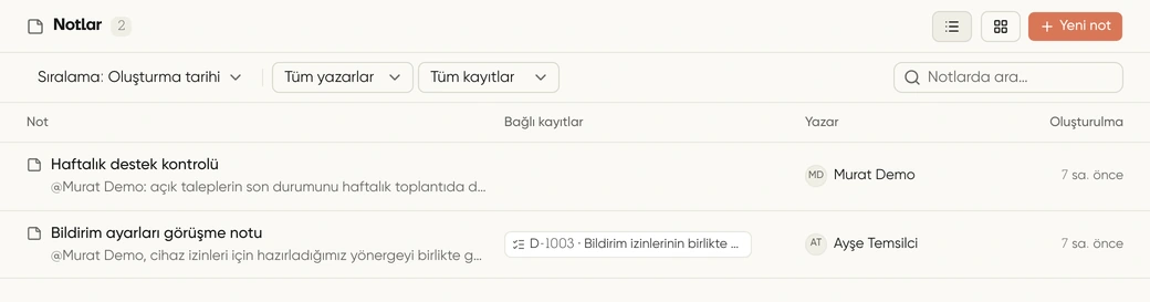 İletişim Notlar ekranında kayda bağlı notlar; kurgusal demo verileri