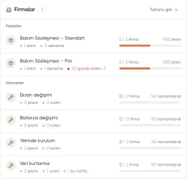 Demo Mağaza proje özetinde paket ve hizmet dağılımını gösteren ilerleme çubukları